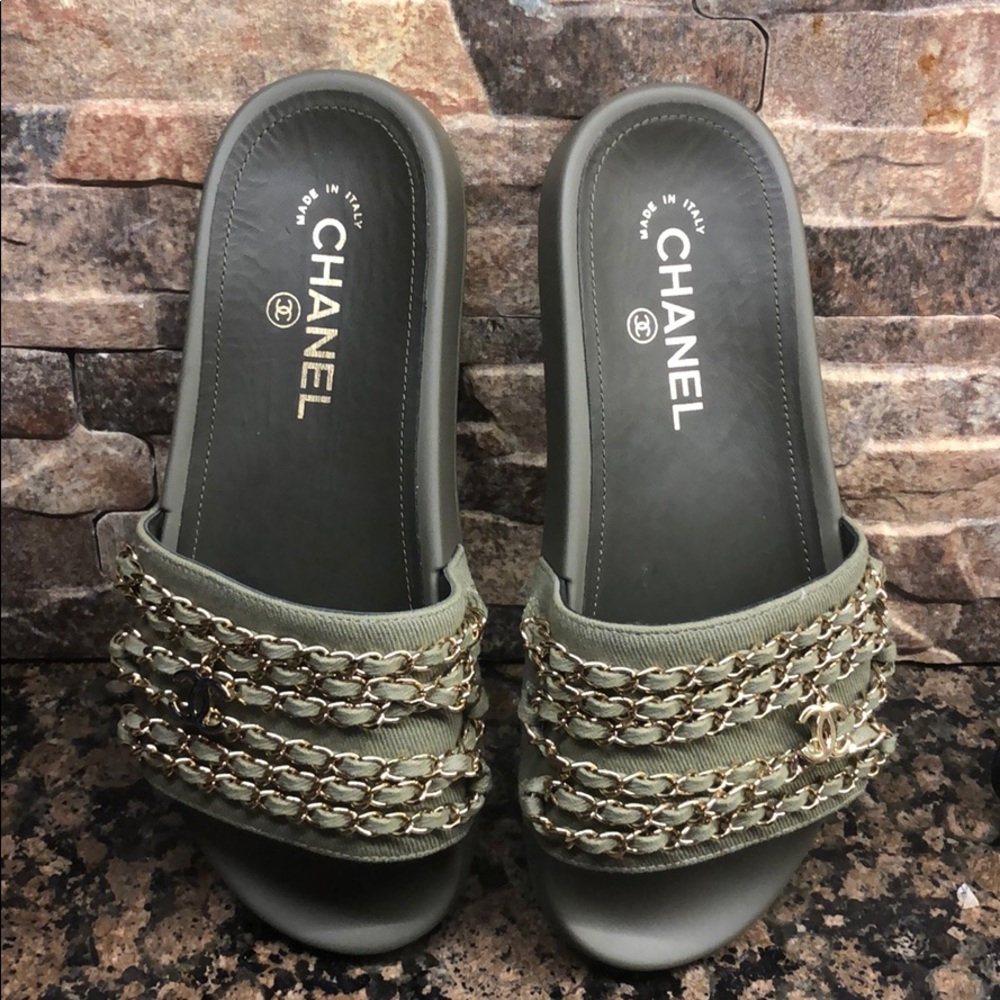 Chanel Tropicana slides khaki size 7